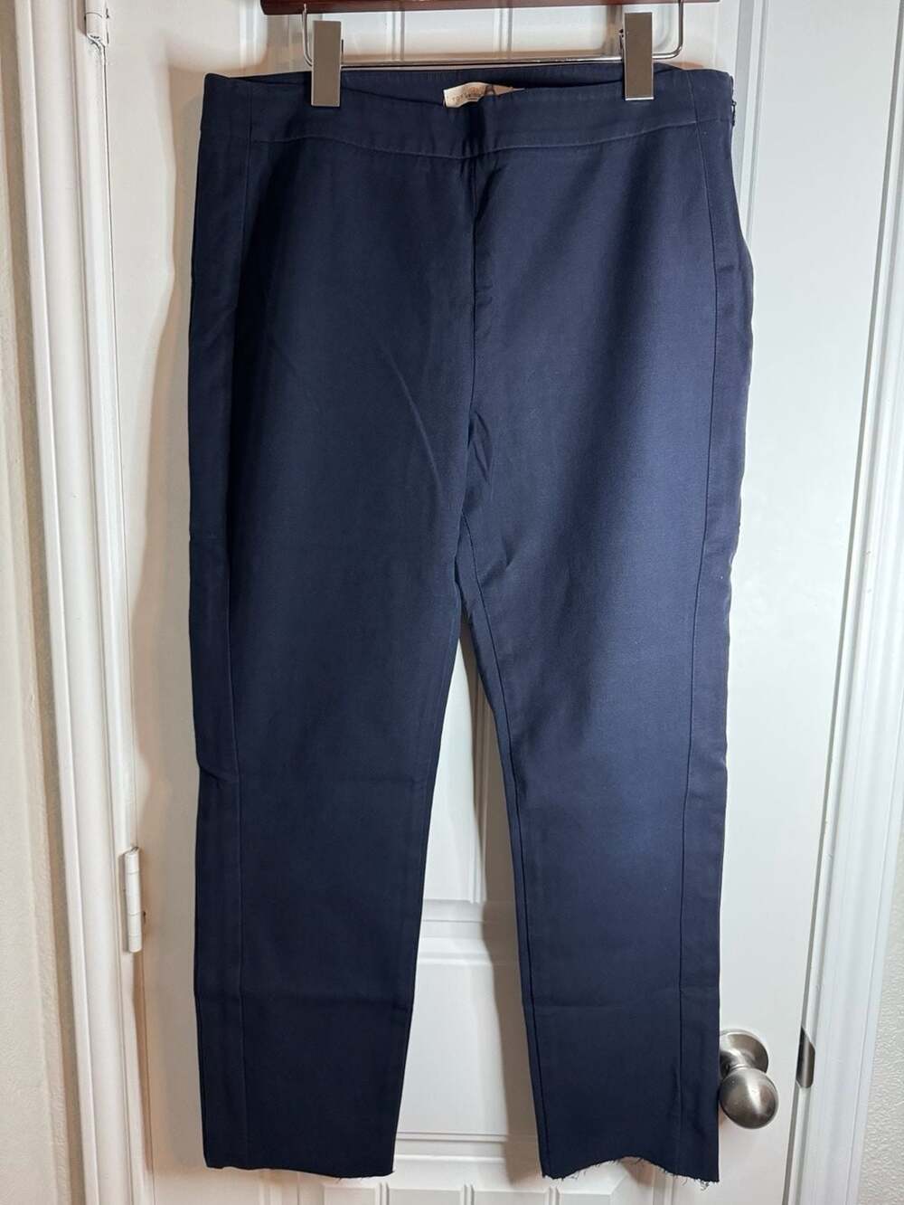 Tory Burch Side Zip Slim Straight Leg Navy Pants with Raw Hem